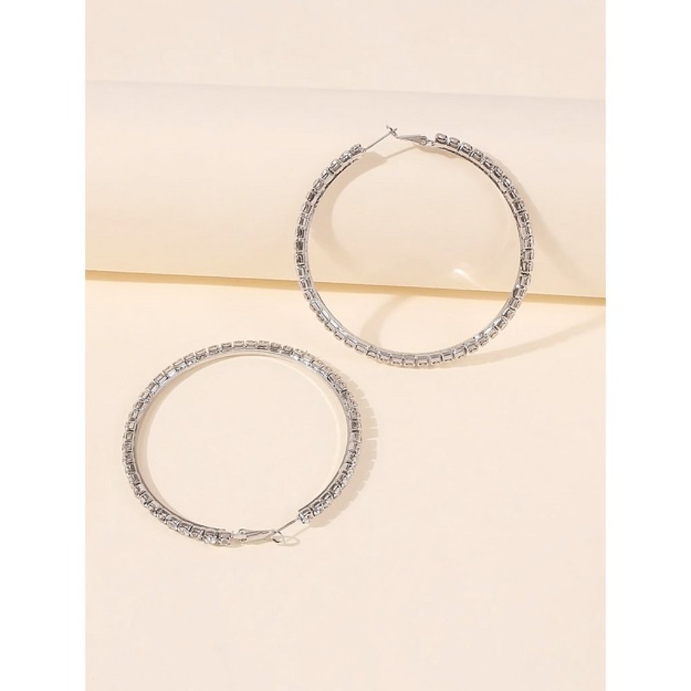Large Silver Rhinestone Hoop Earrings Y2K Jewelry Glam‎ Crystal Bling party - Picture 3 of 3